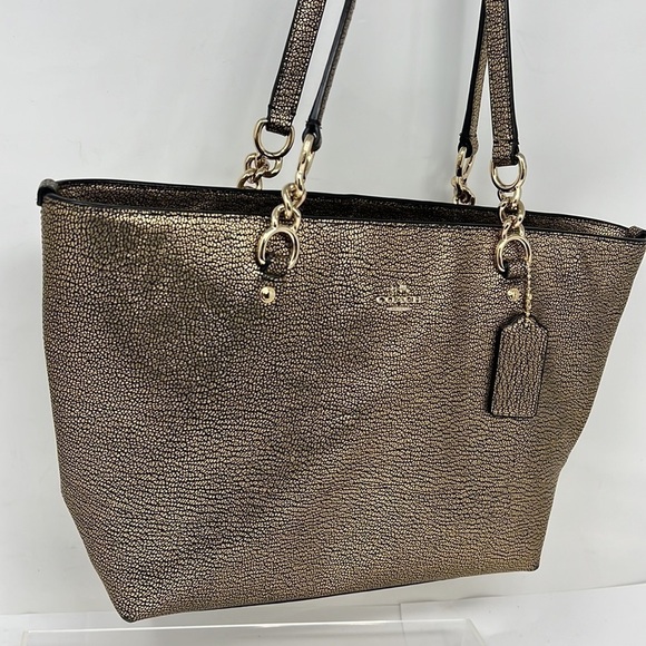 Coach Sophia Gold Black Pebbled Leather Zip Shoulder Tote Bag - Picture 1 of 10